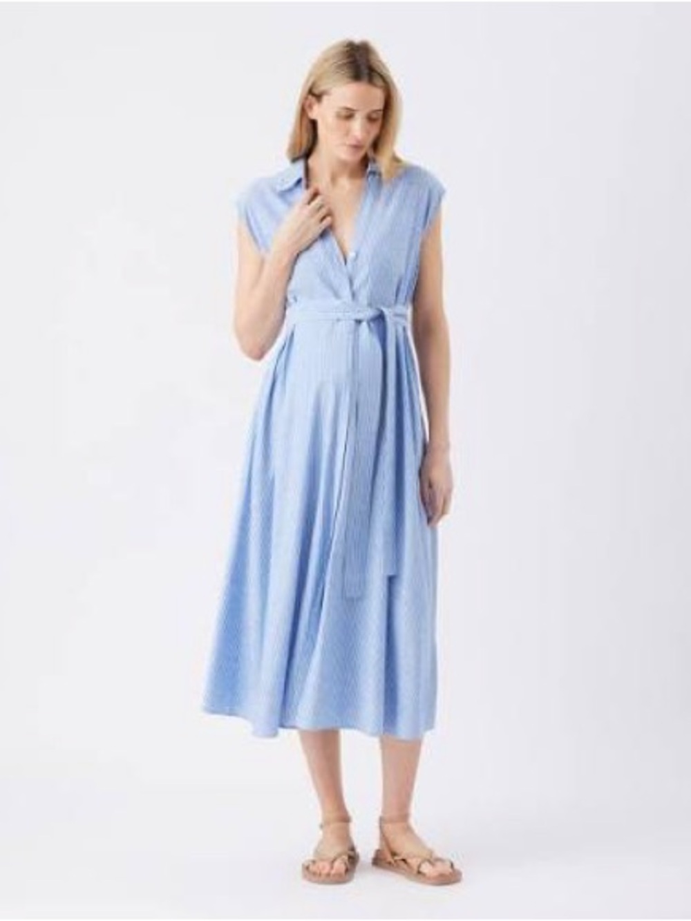 Ripe Abby Light Blue Striped Midi Shirt Dress with Tie Waist